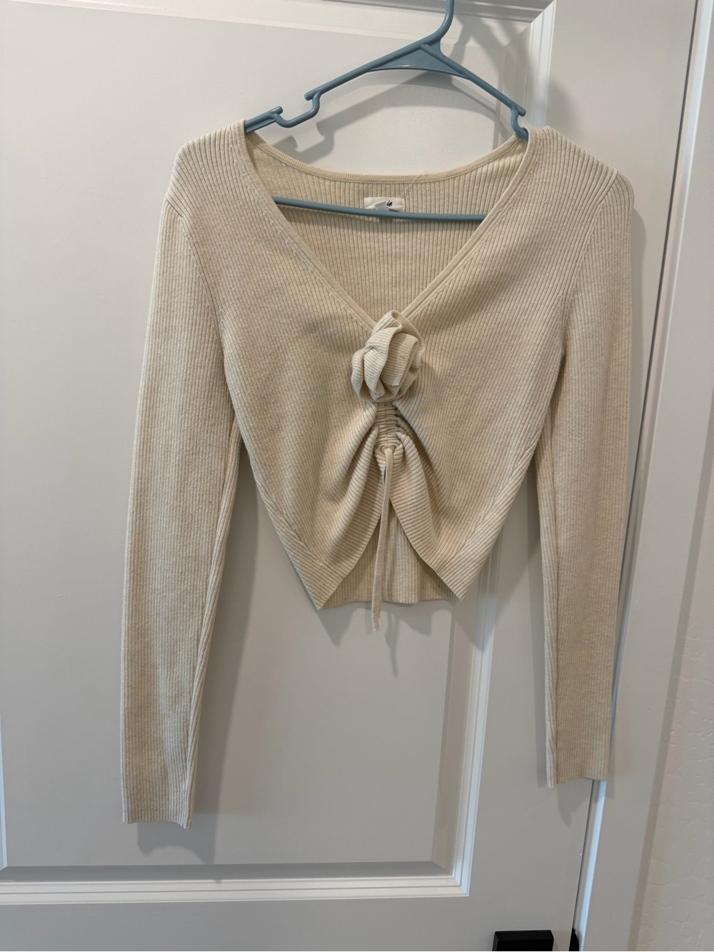 aerie Cream Ribbed Tie-Front Long Sleeve Top
